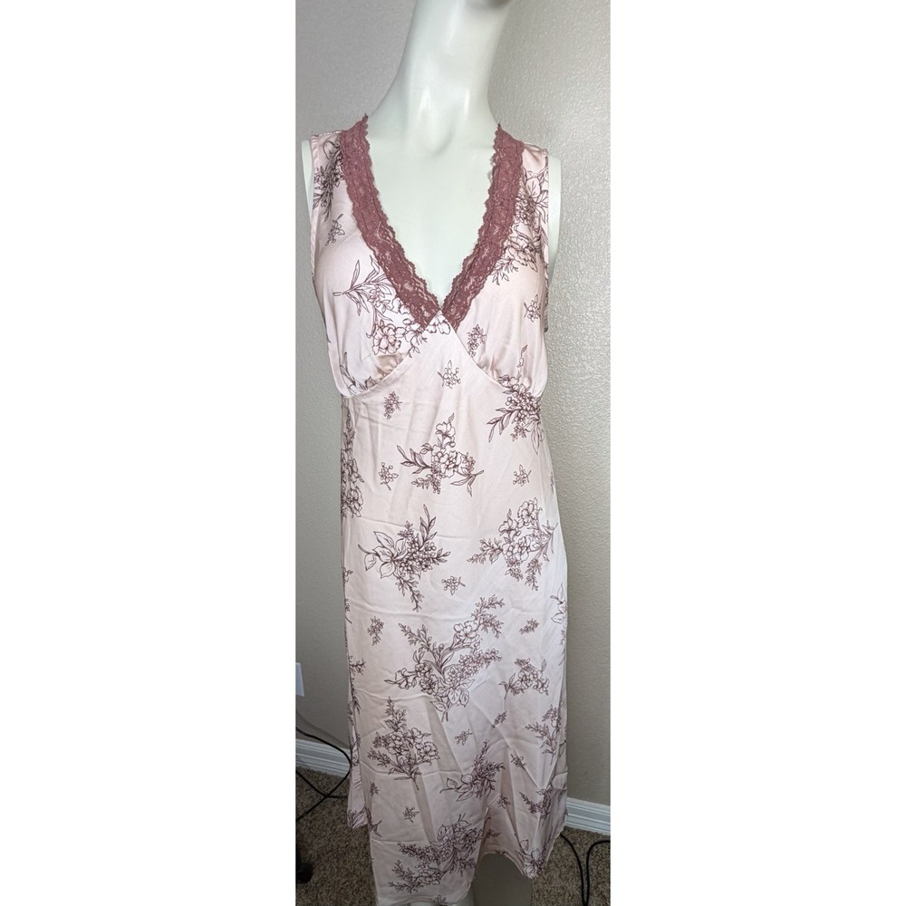 Old Navy Pink Brown Satin Lace Trim Floral Midi Slip Dress‎ Sz M